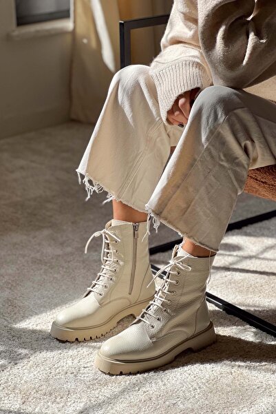 NİŞANTAŞI SHOES Tempest Ekru Hakiki Deri Topuklu Bağcıklı Kadın Postal