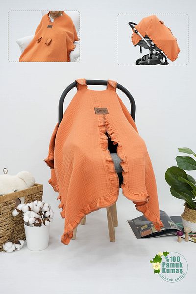mordesign Orange 4-Layer Ruffled Muslin Baby Stroller Cover - Multi-Purpose, 100% Cotton