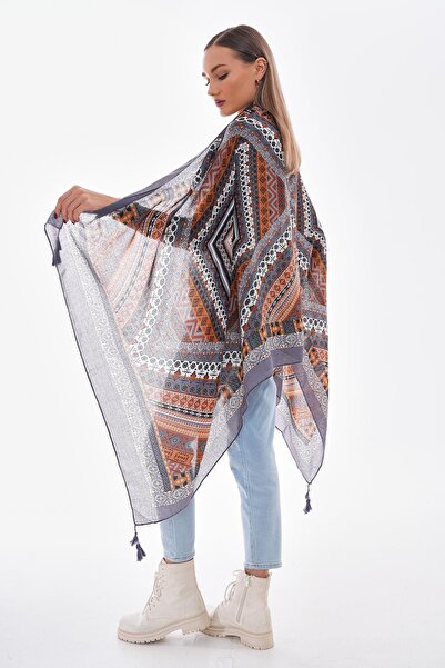 Axesoire 15239 Σάλι ανθρακί με μοτίβο με φούντες