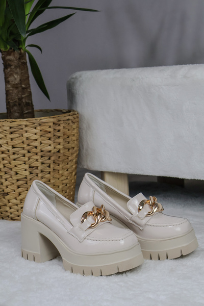 asmi shoes Дамски бежови лачени обувки на платформа с дебела катарама, 8 см