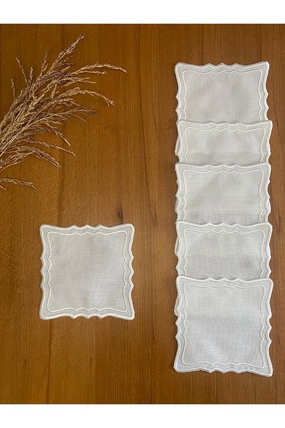 Smiling Home 6 Pieces Linen Ecru Color Double Wrapped Zigzag Square Patterned Cocktail Presentation Napkin