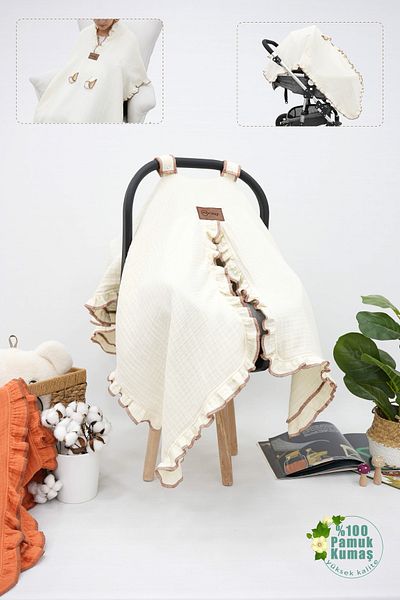 mordesign Muslin Baby Stroller - Multi-Purpose 100% Cotton, 4-Layer Frilly Ruffle Series, Cream