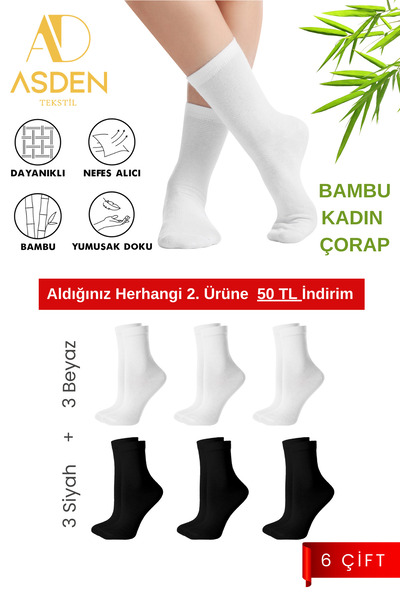 ASDEN Bambu Kadın Soket Çorap 3 Beyaz-3 Siyah 6'lı Paket, Yıkamalı, Burun Dik...