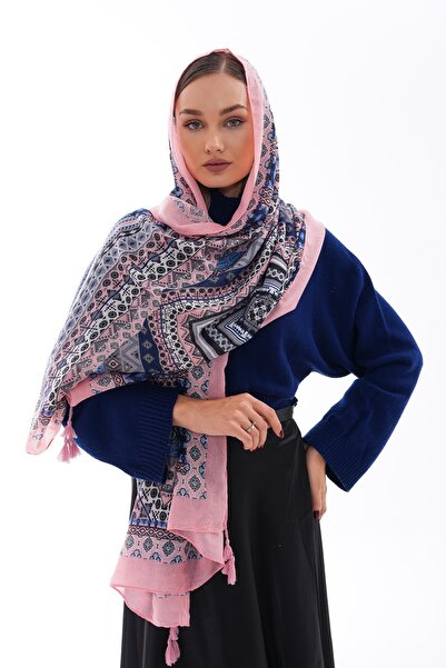 Axesoire 15239 Patterned Tasseled Pink Shawl