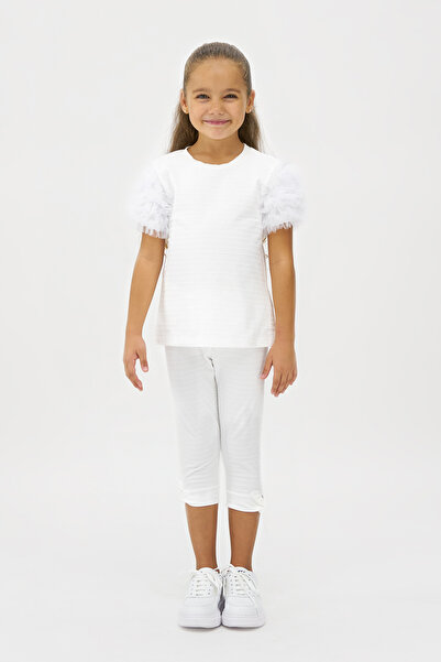 Panço Kız Çocuk Özel Dokulu Kumaşlı Taytlı Beyaz Takım