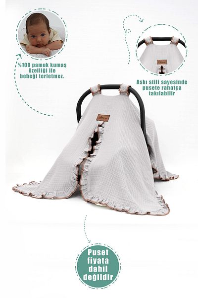mordesign Muslin Baby Stroller - Multi-Purpose, 100% Cotton, 4-Layer Ruffle, Gray Ruffle Series
