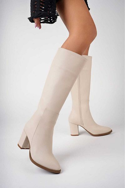 motto store Women's Heeled Long Boots Women's Black Zippered Below the Knee Length Heeled Boots Heel Height 9 cm
