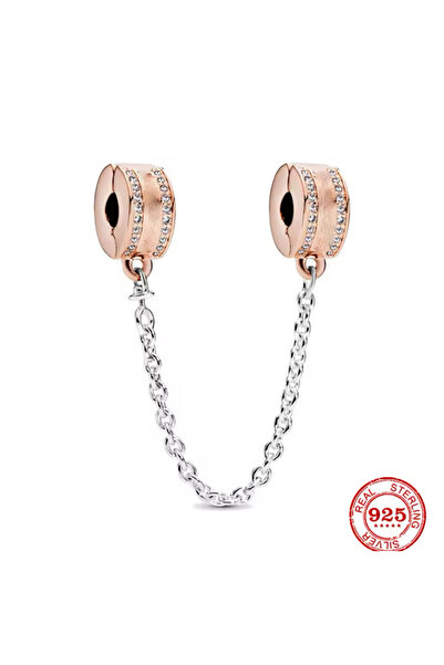 Lines Bijuteri Gümüş Rose Logolu Güvenlik Zincir Klips Charm s925