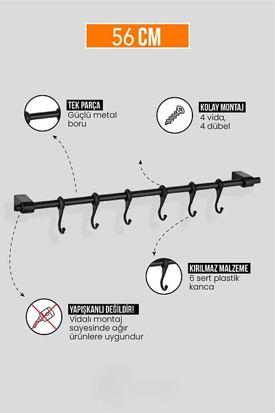 KARTEYA Multi-Purpose Wall Rail 6 Pieces Coffee Cup Hanger with Hooks Black 56 cm