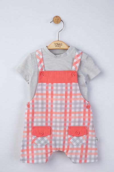 Tongs Baby Set salopeta cu tricou in carouri pentru bebelusi, Tongs baby,Gri
