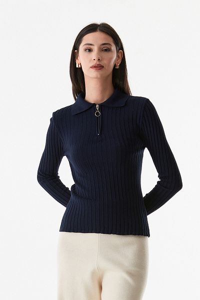 Fulla Moda Ribbed Half Zipper Shirt Collar Knitwear Sweater