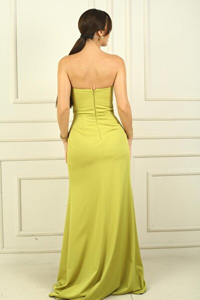 By Saygı Women's Strapless Front Robe Gathered Skirt Double Breasted Slit Dress