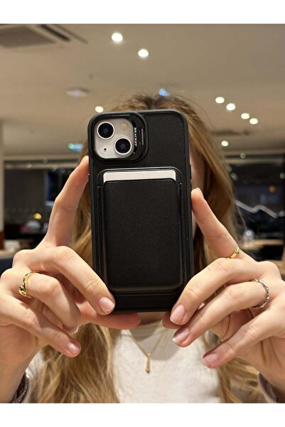 Paladyum Case iPhone 15 Uyumlu Premium Siyah Deri Magsafe Cüzdanlı Kartlıklı ...