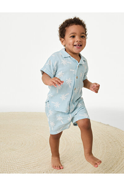 Marks & Spencer Saf Pamuklu Palmiye Desenli Şort (0-3 Yaş)