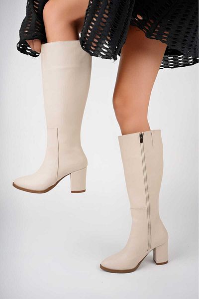 motto store Women's Heeled Long Boots Women's Black Zippered Below the Knee Length Heeled Boots Heel Height 9 cm