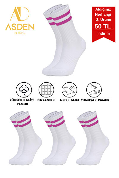 ASDEN Unisex Kolej Tenis Çorap Premium, Pembe Çizgili 3'lü Paket