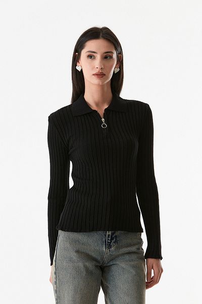 Fulla Moda Ribbed Half Zipper Shirt Collar Knitwear Sweater