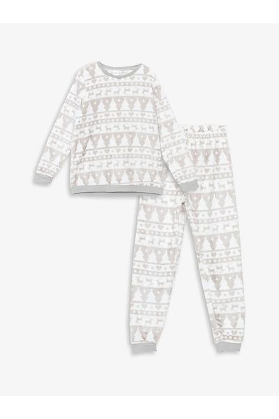 LC Waikiki Kids Optical White Printed Crew Neck Plush Girl's Pajama Set