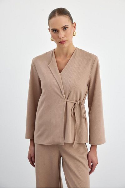 Tuba Butik Double Breasted Laced Light Brown Blouse Trousers Knitwear Women's Set