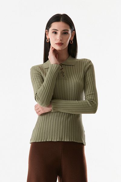 Fulla Moda Πλεκτό πουλόβερ με γιακά πουκάμισο με ραβδώσεις