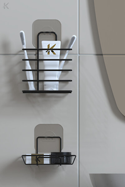 KARTEYA Paslanmaz Metal Banyo Duvar Organizeri - Yapışkanlı Diş Fırçalık ve Sabunluk Seti - 2'li Süper Set