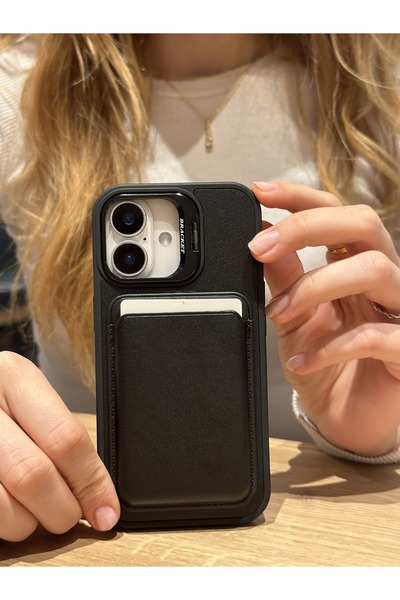 Paladyum Case iPhone 16 Plus Uyumlu Premium Siyah Deri Magsafe Cüzdanlı Kartl...