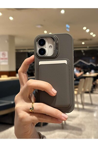 Paladyum Case iPhone 16 Uyumlu Premium Titanyum Gri Deri Magsafe Cüzdanlı Kar...