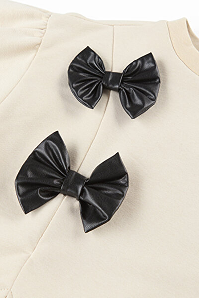 Panço Μπεζ φούτερ για κορίτσια - Λεπτομέρεια δερμάτινο φιόγκο