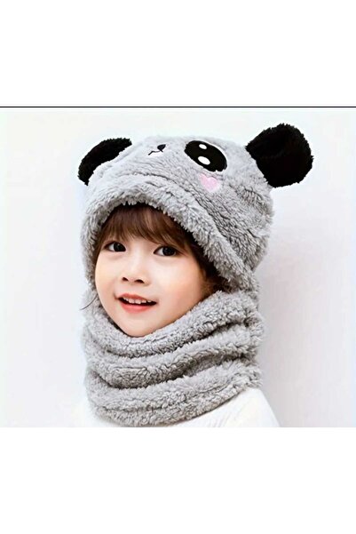NT Shop 3-8 Years Old Girl's Panda Patterned Plush Neck Collar Wellsoft Fleece Beret