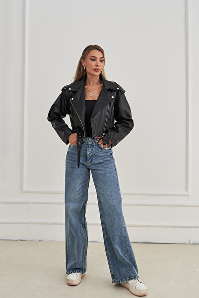 Rabia Çelik Pantaloni largi de damă, albaștri, cu talie înaltă, din denim