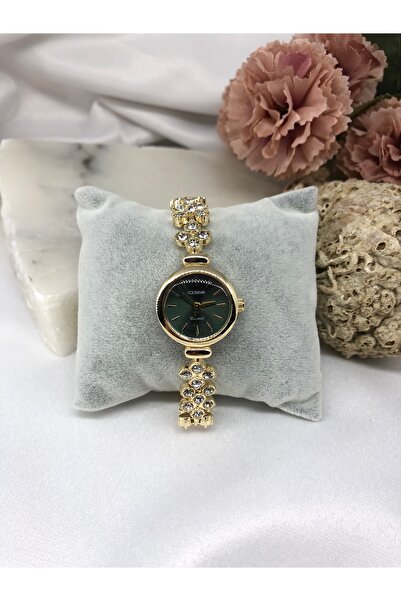 Coliseum Stylish Gold Women's Wristwatch with Round Green Stones Inside