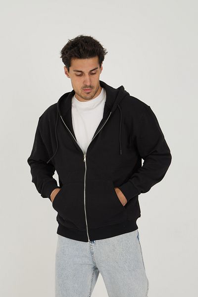 YOUFEQT Basic Black 3 Thread Raster Hooded Men's Zip-Up Sweatshirt