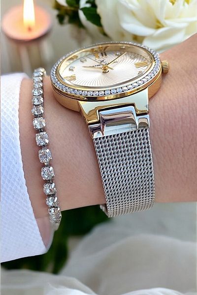 Daniel Klein White Dial, Jewelled, Gold/Metallic Women's Wristwatch + Zircon Jewelled Bracelet
