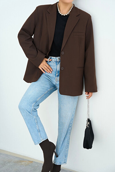 LOOSH Kadın Acı Kahve Kruvaze Yaka Çift Düğmeli Blazer Ceket
