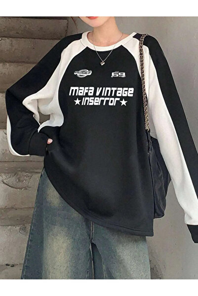 BukuriCO Women's Vintage Y2K Korean Printed Oversize Crew Neck Sweatshirt