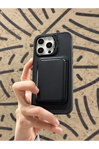 Paladyum Case iPhone 14 Pro Max Uyumlu Premium Siyah Deri Magsafe Cüzdanlı Ka...