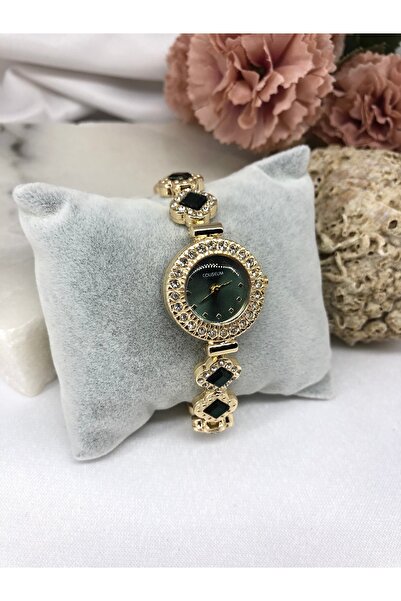 Coliseum Round Vintage Retro Inside Green Stone Detailed Gold Women's Wristwatch