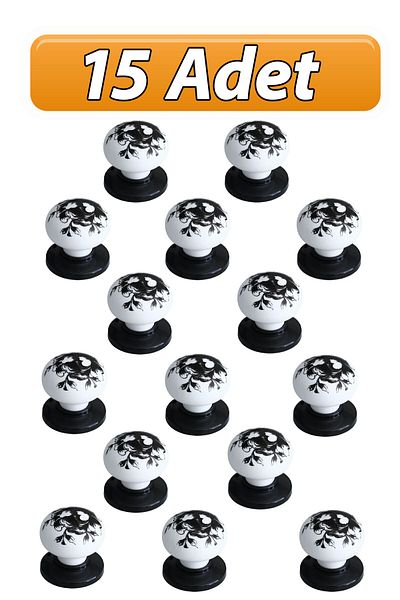 GLASWEN 15 Pcs Black Rose Pattern White Polymer Button Handle Black Tab Furniture Kitchen Cabinet Drawer Handle
