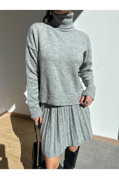 Mooi Butik Hellgraues Strick-Minirock- und Fischerpullover-Set