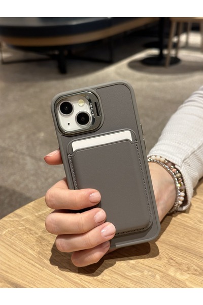 Paladyum Case iPhone 13 Uyumlu Premium Titanyum Gri Deri Magsafe Cüzdanlı Kar...