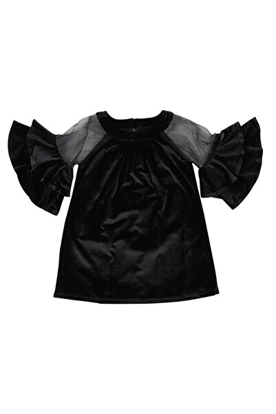 Panço Kız Çocuk Volan Detaylı Siyah Kadife Abiye Elbise