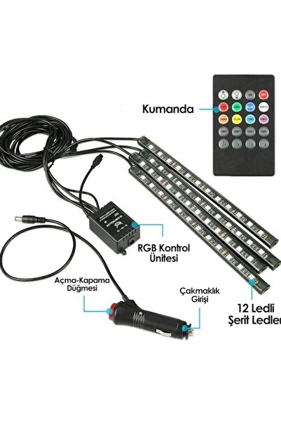 Car And More 4 Parçalı Uzaktan Kumandalı Ayak Altı Aydınlatma 12 Led Çok Renkli Araba Ledi Teknoşık