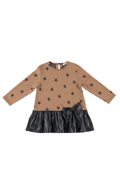 Panço Kız Çocuk Desenli Deri Detaylı Kahverengi Elbise