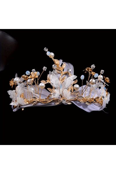 Eva Flore Stylish Bridal Crown, Feathered Flower Design Crown with Rhinestones, Pearls and Crystal Butterflies