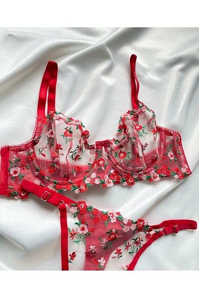 ECELİ GİYİM Arona Lilac-Red and Pink Floral Patterned Embroidered Red Bra Thong Set