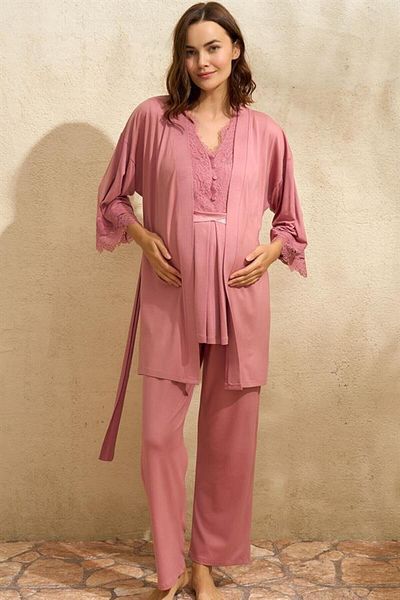 Anıl Markano Zero Sleeve V-Neck Women's Viscose Plain Summer Long Lace Detail Maternity Pajamas Set Dressing Gown m