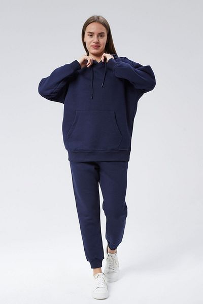soBasic Hooded Kangaroo Pocket Three Thread Raster Tracksuit Set - Navy Blue