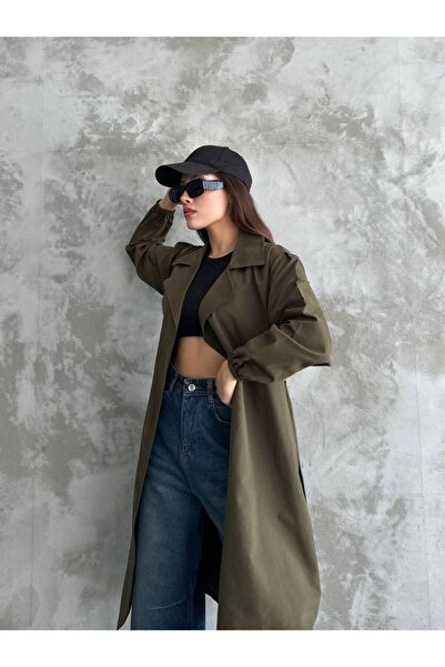 My crasia Kadın Haki  Kruvaze Yaka  Kemer Detaylı Cepli Trençkot