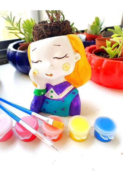 tasarımhikayecisi Alçı Boyama Seti- 1 Adet Kız Sukulent Saksı-aktivite-çocuk ...