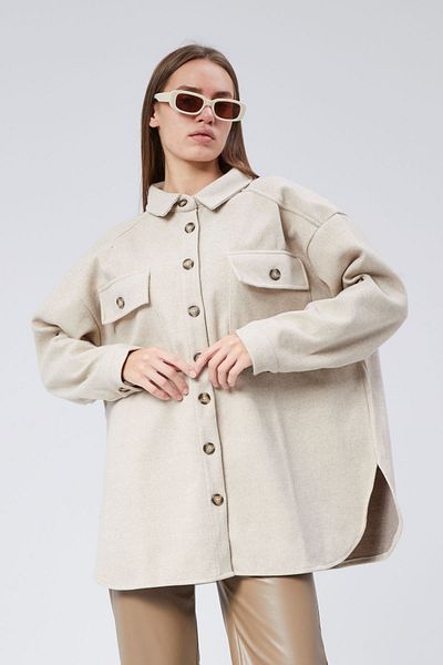 soBasic Shirt Collar Pocket Bowl Dakota Shirt Jacket-M - Ecru